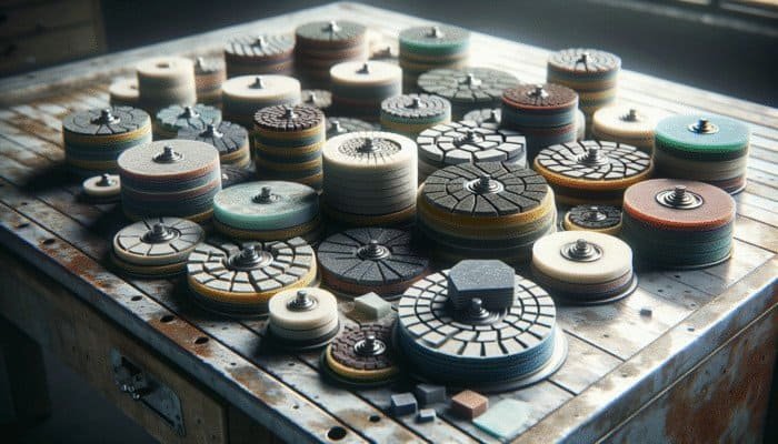 Diverse assortment of polishing pads on workbench designed for stone floors, featuring diamond and resin types.
