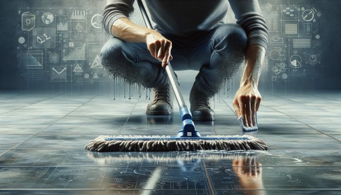 Individual cleaning stone floor with pH-neutral cleaner and mop, eliminating dust and grime for polishing.