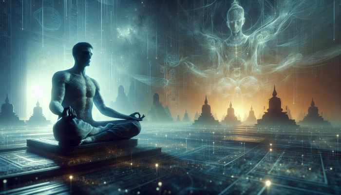 A serene person meditating at dawn with ancient symbols, symbolizing improved sleep through mindfulness.