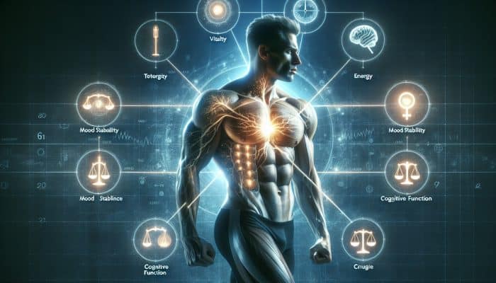 A muscular man with strong bones, symbols of energy, mood, and cognition, illustrating testosterone's role in male health.