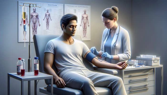 A person calmly receiving a testosterone test in a clinical setting with medical equipment.