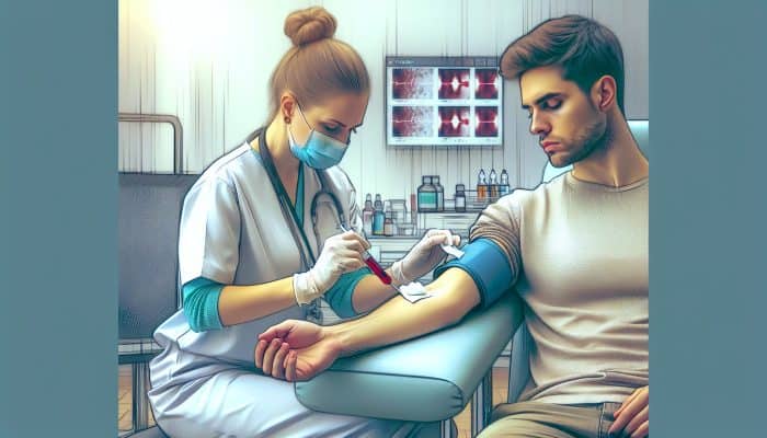 A healthcare professional drawing blood from a patient's arm in a serene Clevedon clinic.