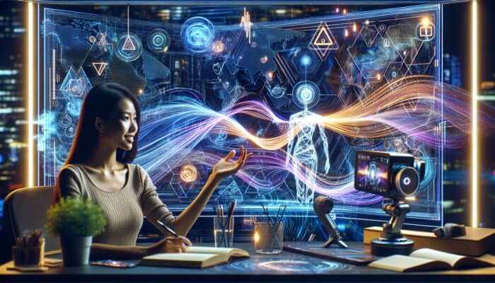 AI chatbot on screen generating scripts for a travel vlogger in a futuristic studio surrounded by maps and equipment.