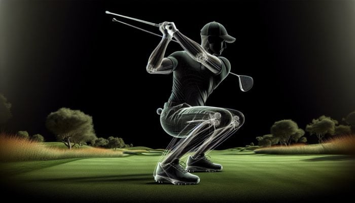 Golfer performing squat on a lush green course, emphasizing leg and hip strength, with golf club.