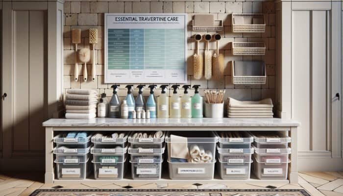Organized cleaning station in a UK home featuring travertine care essentials such as cleaners, brushes, and cloths on a travertine floor.