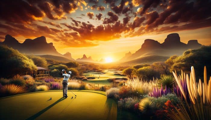Golfer teeing off at Gary Player Country Club, Sun City, with bushveld scenery and sunset.