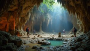 Four adventurers with backpacks stand inside the majestic ATM Cave Belize, surrounded by stunning stalactites, rocky formations, and a small pool of water. Rays of sunlight filter through an opening above, illuminating the cave like an adventure guide's dream.