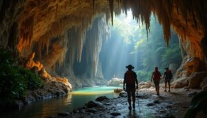Three adventurers with backpacks and hats walk through the majestic ATM Cave Belize, beside a shallow stream. Sunlight streams in from the entrance, illuminating rocky walls and lush green surroundings—an adventure guide leads them past ancient stalactites.