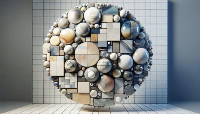 Various porcelain tiles: glazed, glossy, and water-resistant; unglazed, with natural texture; polished, smooth, and reflective, showcased in a dynamic environment.