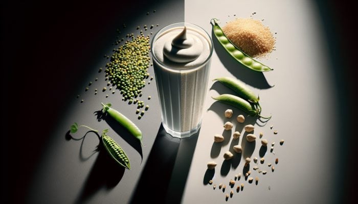 Whey vs. Plant Protein Comparison: A glass of whey protein shake alongside plant-based protein sources including peas, rice, and hemp seeds.