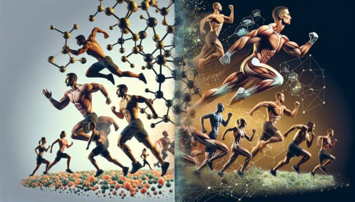 Side-by-side image of whey and plant protein structures, showcasing athletes in action and recovery, illustrating muscle growth and endurance.