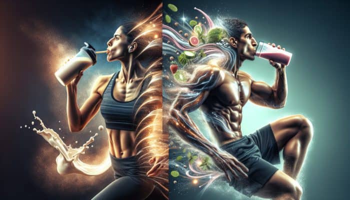 Athlete consuming a whey protein shake and a plant-based smoothie, illustrating rapid absorption and antioxidant benefits.
