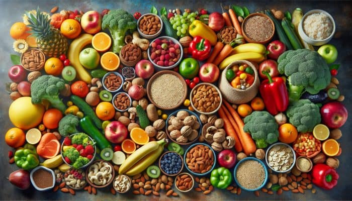 A vibrant table of fruits, vegetables, nuts, and whole grains, symbolizing a balanced diet for longevity and mental wellness in the UK.