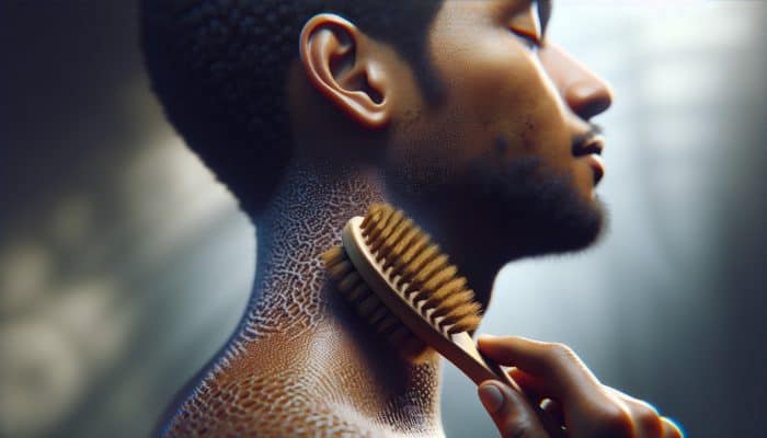 Close-up of scalp exfoliation with a soft brush, showcasing healthy skin and hair follicles in a spa setting.