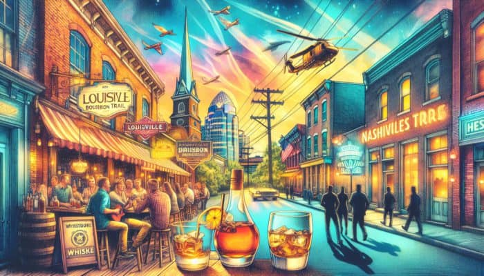 A vibrant pub crawl in Louisville and Nashville, featuring bourbon trail and live music with whiskey tasting.