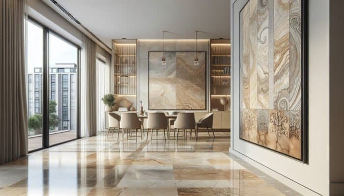 Luxurious travertine floor in a modern UK home, showcasing creamy beige and brown hues with intricate patterns.