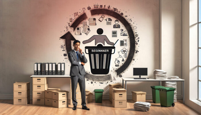 A novice in a UK office learning about Waste Regulations 2011, surrounded by legal documents and waste bins, with data protection and sustainability symbols.