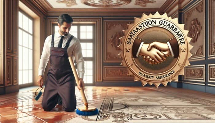 Professional polishing terracotta floor, satisfaction guarantee certificate displayed, symbolizing trust and quality in an elegant room.