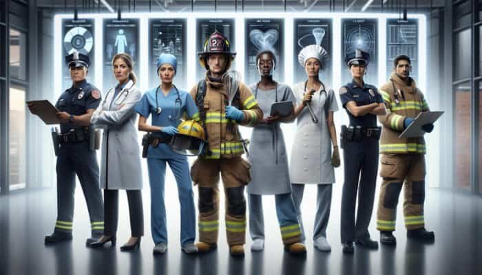 A diverse team of professionals in uniforms showcasing service symbols in a modern office setting with a directory sign.