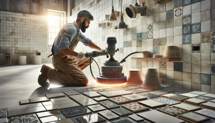 Professionals polishing ceramic tiles in a well-lit environment, enhancing aesthetic appeal with high-end equipment.