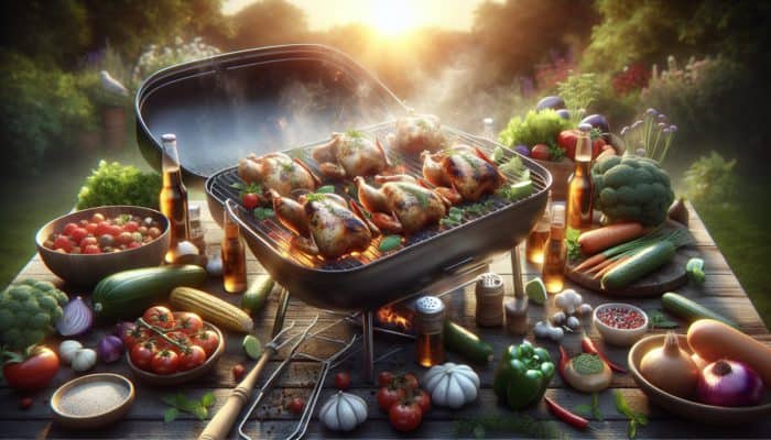 Organic and free-range chickens grilling alongside fresh herbs and vegetables, emphasizing ethical and flavorful eating.