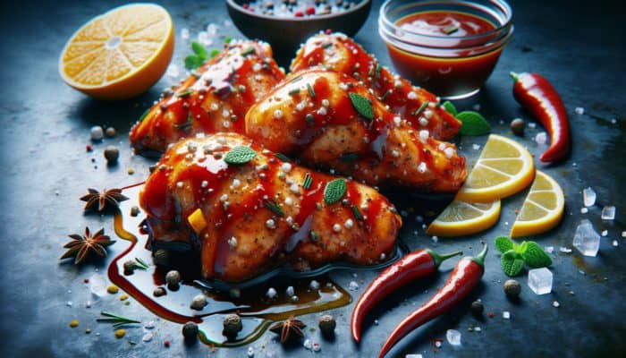 Marinated chicken thighs coated in barbecue sauce, citrus, and southwestern spices, ready for grilling.