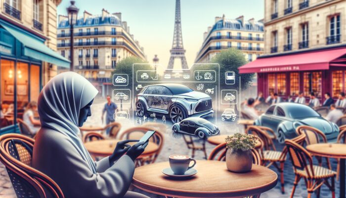 A person in a Parisian café uses a smartphone to book a modern car online, with the Eiffel Tower in the background.