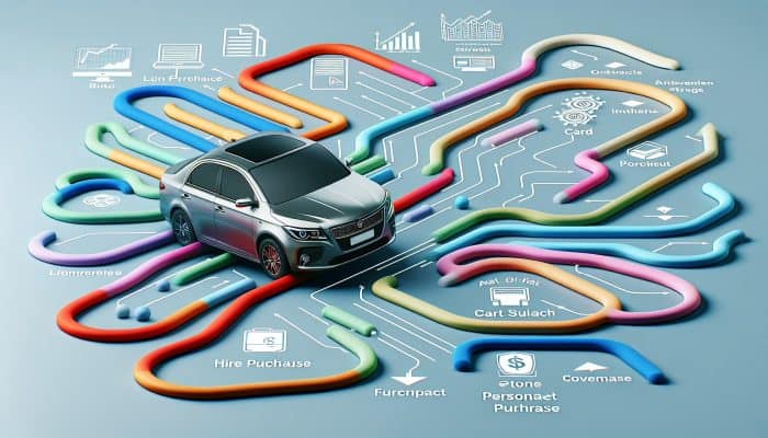 Debt Consolidation for Auto Loan Debt: A Comprehensive Guide | DCL Diverse auto loan options like hire purchase and PCP shown as colorful paths to car ownership.