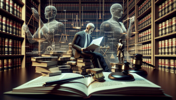 Individual in a library reviewing "Legal Considerations for Clearance" document, surrounded by law books, a gavel, and scales of justice.