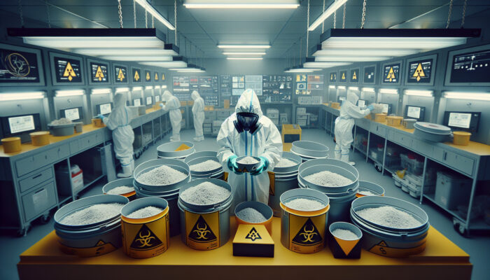Individual in protective gear handling asbestos, surrounded by labeled hazardous waste containers in a controlled setting.