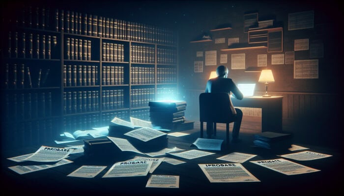 An individual thoughtfully managing estate clearance in a subdued study, surrounded by legal documents and a laptop displaying probate forms, reflecting on the complexities of home clearance.