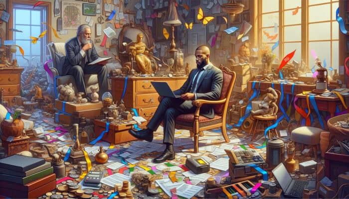 A cluttered home featuring items marked for valuation, an appraiser evaluating antiques, and a person calculating expenses on a laptop amidst tax-related documents.