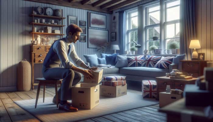 An employee from a clearance company carefully packing sentimental items in a cozy UK home, symbolizing compassion during a time of bereavement.