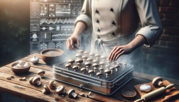 A chef meticulously preparing mushrooms for smoking: slicing, seasoning, and arranging them on a smoker rack as smoke rises.