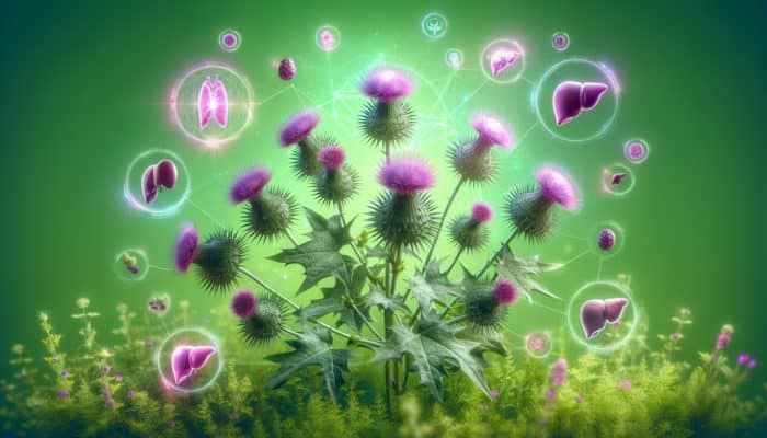 Illustration showing milk thistle plants with purple flowers and spiky leaves, surrounded by regenerating liver cells on a green background.