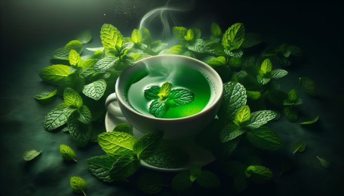 A steaming cup of peppermint tea with fresh leaves, glowing green, symbolising health benefits.
