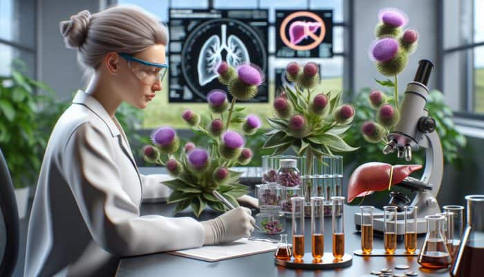 A researcher examines milk thistle and liver samples in a UK laboratory, illustrating the herb's benefits.