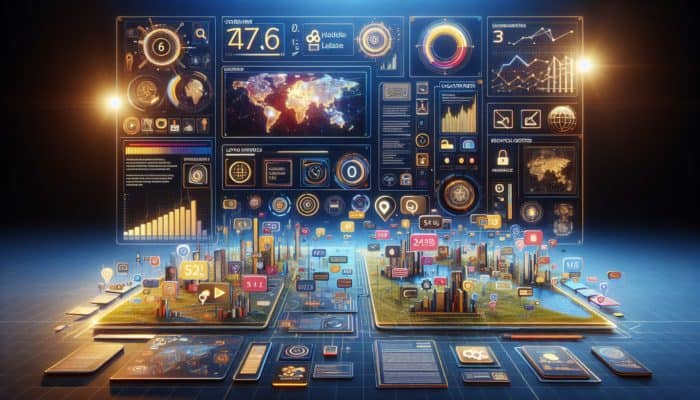 Utilizing Dynamic Content for Personalized SEO A vibrant digital interface with personalized content such as reviews, location-specific offers, real-time news, and adaptive images, enhancing user engagement and SEO.