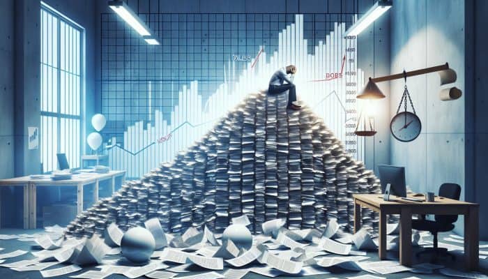 Individual overwhelmed by increasing debt, surrounded by bills and a rising DTI ratio graph in a cluttered office environment.