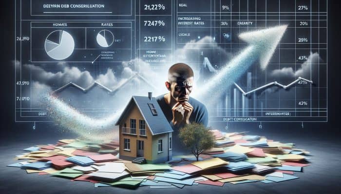 UK homeowner anxiously examining diminishing home equity amidst rising interest rates, with debt consolidation documents scattered around.