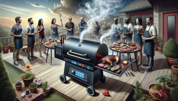 A modern pellet grill on a patio, surrounded by grilling enthusiasts, emitting smoke, with meats and a digital temperature display.