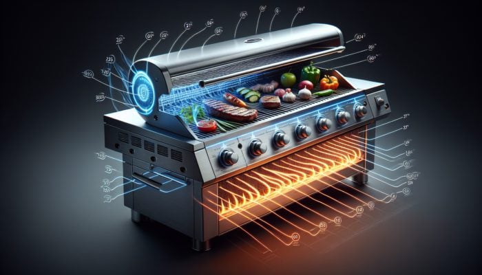 A stainless steel grill featuring linear and circular burner configurations cooking meats and vegetables.
