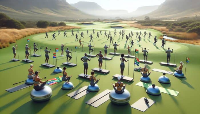 South African golfers practicing balance using boards and Bosu balls on a golf course, engaging in yoga and Pilates for improved stability.