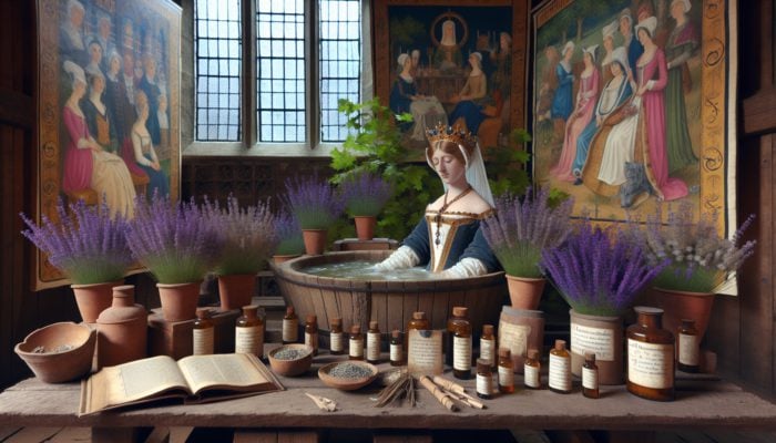 Queen Elizabeth I in a lavender bath, surrounded by herbs and historical documents, illustrating lavender's uses in medieval Britain.