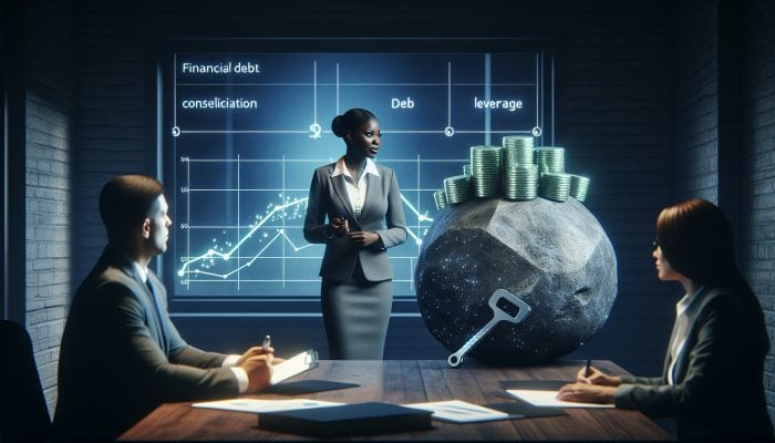 A financial advisor's office equipped with charts, discussing £50,000 debt consolidation strategies with a client taking notes.