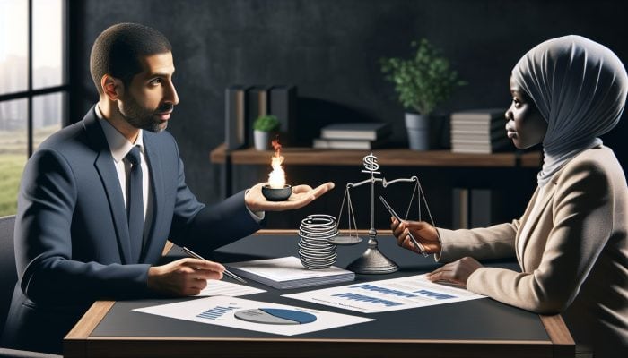 A person engaging in a conversation about debt consolidation with a financial advisor in a contemporary office, using charts and documents.
