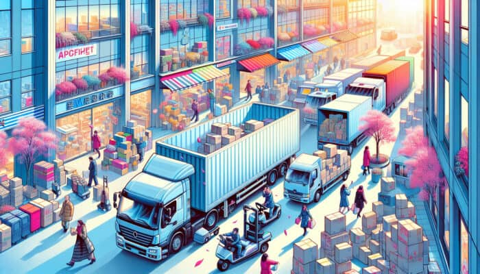 Efficient transport vehicles moving clearance items in a vibrant spring retail setting.