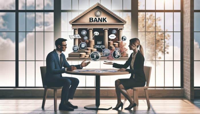 Local vs National Debt Consolidation Lenders: UK Guide | DCL Local vs National Debt Consolidation Lenders: A local bank in a small town where a friendly lender discusses personalized debt consolidation plans with a community member in a warm, supportive environment.