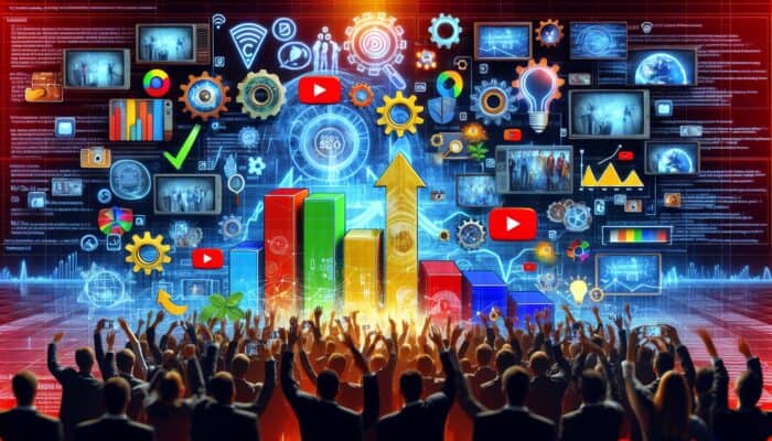A colorful digital interface showing various YouTube playlists with thumbnails, boosting engagement and SEO.
