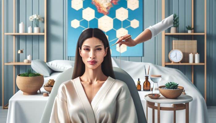 Facial Acupuncture for Skin Nutrition: A woman receiving facial acupuncture in a serene UK spa, showcasing radiant, youthful skin and tranquility.